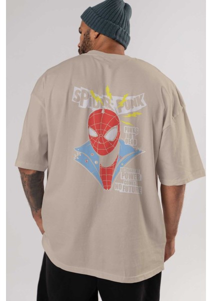 Spiderman (18) Arka Baskılı Bej Oversize T-Shirt Bisiklet Yaka Pamuk Erkek Kadın indirimleri