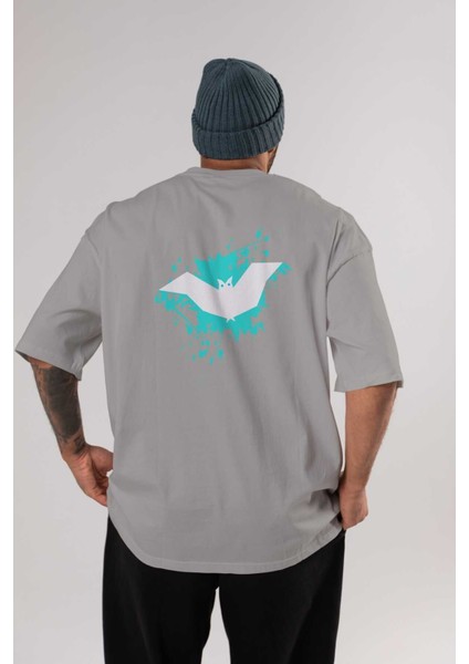 Halloween Arka Baskılı Gri Oversize T-Shirt Unisex Erkek Kadın Bisiklet Yaka