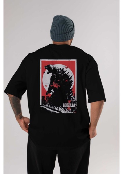 Godzilla (2) Arka Baskılı Siyah Oversize T-Shirt Bisiklet Yaka Pamuk Erkek Kadın