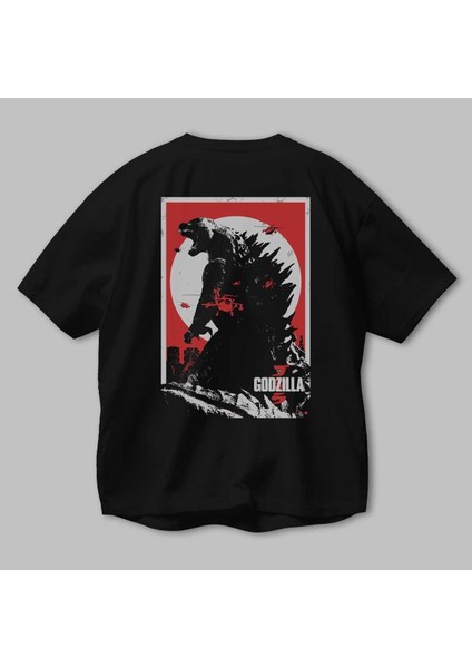 Godzilla (2) Arka Baskılı Siyah Oversize T-Shirt Bisiklet Yaka Pamuk Erkek Kadın modelleri