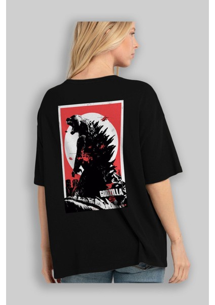 Godzilla (2) Arka Baskılı Siyah Oversize T-Shirt Bisiklet Yaka Pamuk Erkek Kadın fırsatları