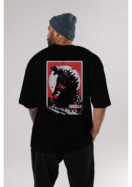 Godzilla (2) Arka Baskılı Siyah Oversize T-Shirt Bisiklet Yaka Pamuk Erkek Kadın indirimleri