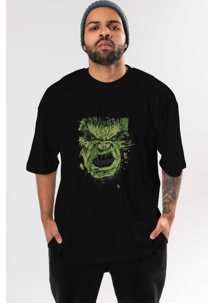 Hulk (4) Ön Baskılı Siyah Oversize T-Shirt Bisiklet Yaka Erkek Kadın