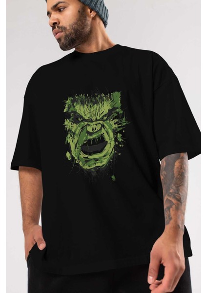 Hulk (4) Ön Baskılı Siyah Oversize T-Shirt Bisiklet Yaka Erkek Kadın modelleri