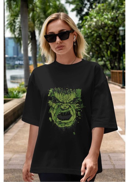 Hulk (4) Ön Baskılı Siyah Oversize T-Shirt Bisiklet Yaka Erkek Kadın indirimleri