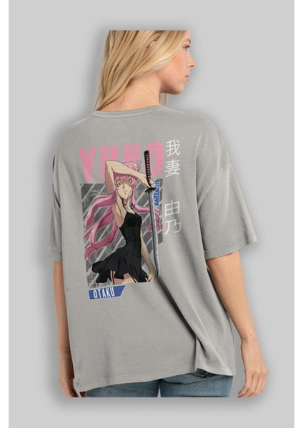Yuno Gasai 5 Anime Arka Baskılı Gri Oversize T-Shirt %100 Pamuk Erkek Kadın modelleri