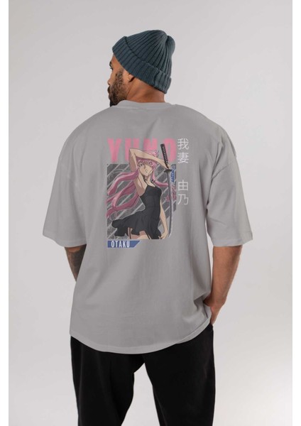 Yuno Gasai 5 Anime Arka Baskılı Gri Oversize T-Shirt %100 Pamuk Erkek Kadın fırsatları