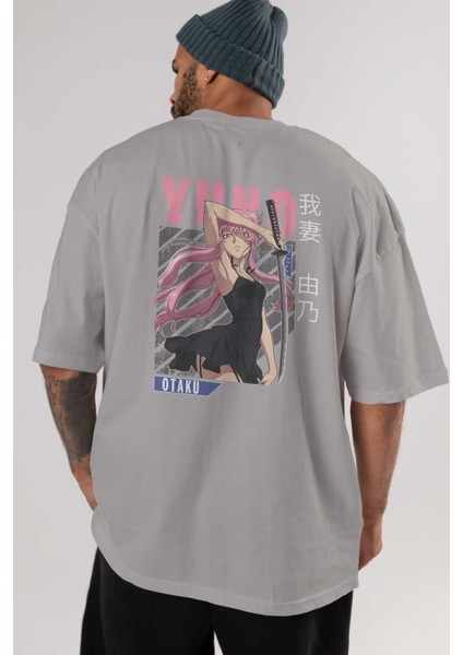 Yuno Gasai 5 Anime Arka Baskılı Gri Oversize T-Shirt %100 Pamuk Erkek Kadın indirimleri