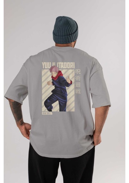 Yuuji Itadori 1 Anime Arka Baskılı Gri Oversize T-Shirt %100 Pamuk Erkek Kadın