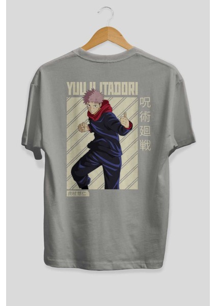 Yuuji Itadori 1 Anime Arka Baskılı Gri Oversize T-Shirt %100 Pamuk Erkek Kadın