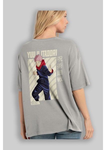 Yuuji Itadori 1 Anime Arka Baskılı Gri Oversize T-Shirt %100 Pamuk Erkek Kadın