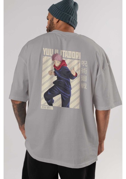Yuuji Itadori 1 Anime Arka Baskılı Gri Oversize T-Shirt %100 Pamuk Erkek Kadın