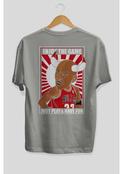 Michael Jordan Arka Baskılı Gri Oversize T-Shirt Unisex Erkek Kadın Bisiklet Yaka fiyatları
