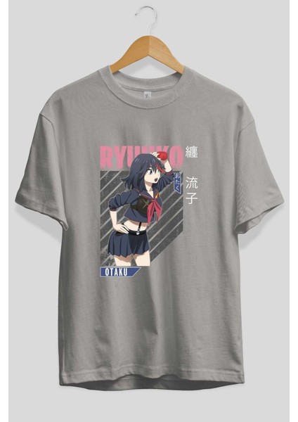 Ryuuko Matoi 6 Anime Ön Baskılı Gri Oversize T-Shirt %100 Pamuk Erkek Kadın fiyatları