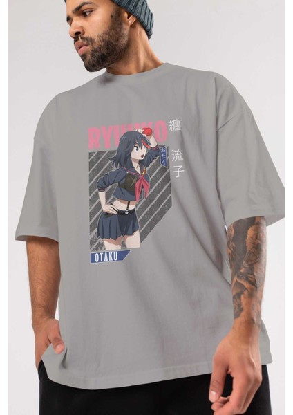 Ryuuko Matoi 6 Anime Ön Baskılı Gri Oversize T-Shirt %100 Pamuk Erkek Kadın modelleri