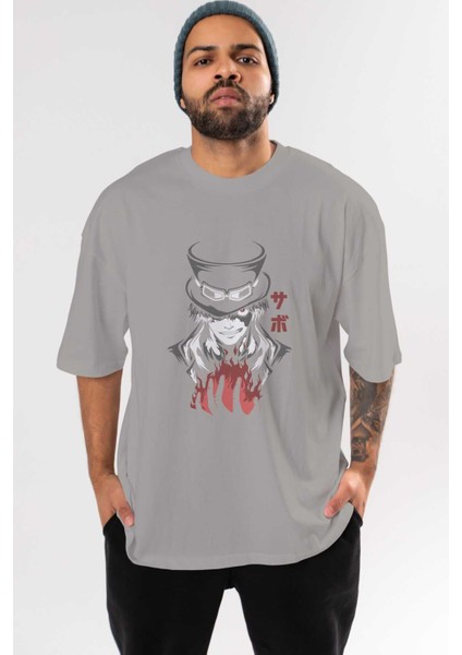 Saboonepiece Anime Ön Baskılı Gri Oversize T-Shirt %100 Pamuk Erkek Kadın