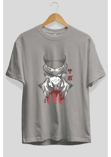 Saboonepiece Anime Ön Baskılı Gri Oversize T-Shirt %100 Pamuk Erkek Kadın fiyatları
