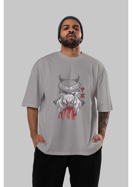 Saboonepiece Anime Ön Baskılı Gri Oversize T-Shirt %100 Pamuk Erkek Kadın indirimleri