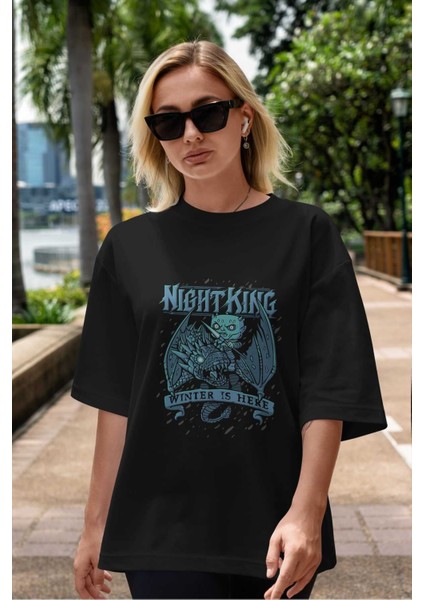 Game Of Thrones Gece Kralı Ön Baskılı Siyah Oversize T-Shirt Bisiklet Yaka Erkek Kadın indirimleri