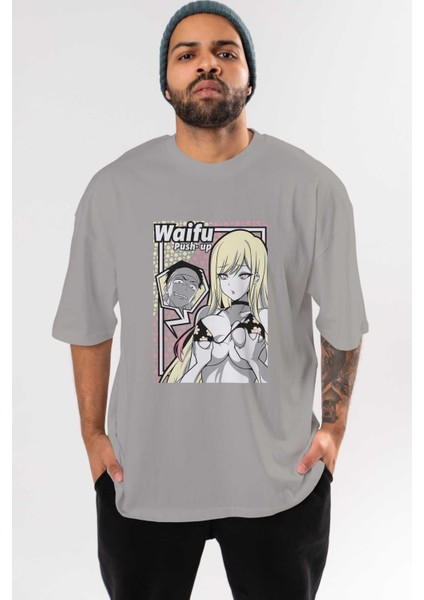 Waifu Pushup Anime Ön Baskılı Gri Oversize T-Shirt %100 Pamuk Erkek Kadın