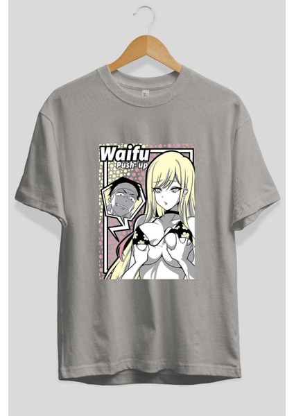 Waifu Pushup Anime Ön Baskılı Gri Oversize T-Shirt %100 Pamuk Erkek Kadın fiyatları