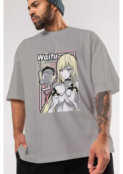 Waifu Pushup Anime Ön Baskılı Gri Oversize T-Shirt %100 Pamuk Erkek Kadın modelleri