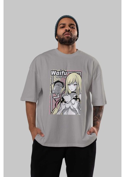 Waifu Pushup Anime Ön Baskılı Gri Oversize T-Shirt %100 Pamuk Erkek Kadın indirimleri
