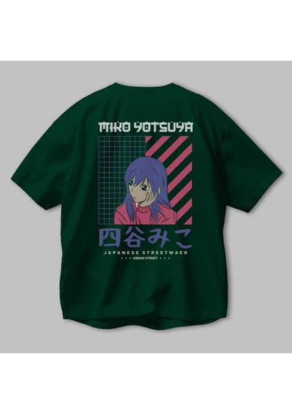 Miko Yotsuya Arka Baskılı Zümrüt Yeşili Oversize T-Shirt Unisex Erkek Kadın Bisiklet Yaka modelleri