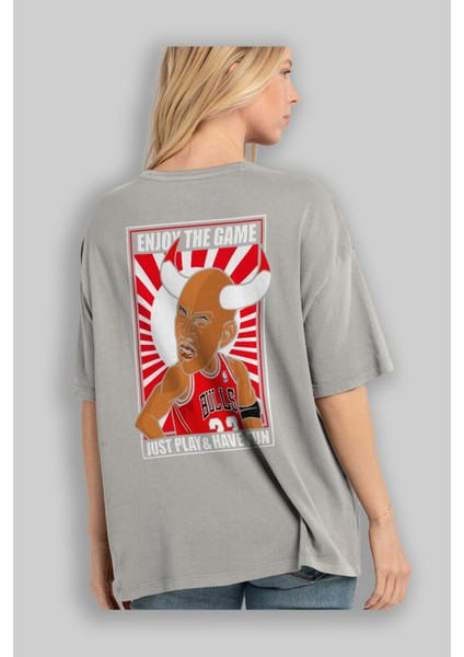 Michael Jordan Arka Baskılı Gri Oversize T-Shirt Unisex Erkek Kadın Bisiklet Yaka modelleri