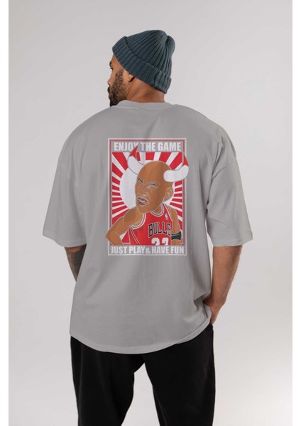 Michael Jordan Arka Baskılı Gri Oversize T-Shirt Unisex Erkek Kadın Bisiklet Yaka fırsatları
