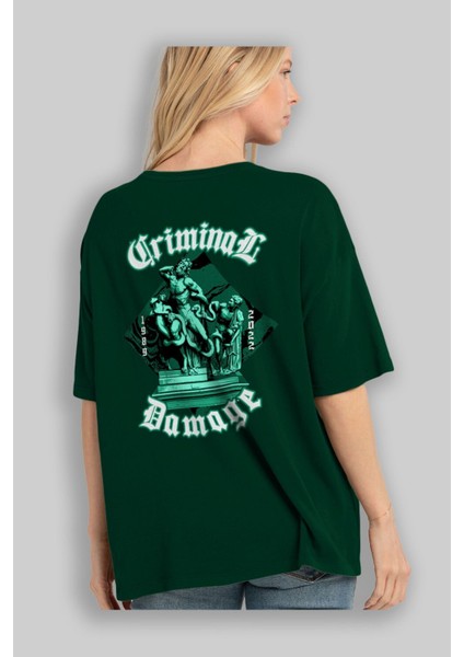 Criminal Damage Arka Baskılı Zümrüt Yeşili Oversize T-Shirt Unisex Erkek Kadın Bisiklet Yaka fırsatları