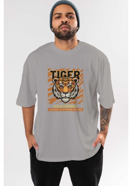 Tiger Ön Baskılı Gri Oversize T-Shirt Unisex Erkek Kadın Bisiklet Yaka