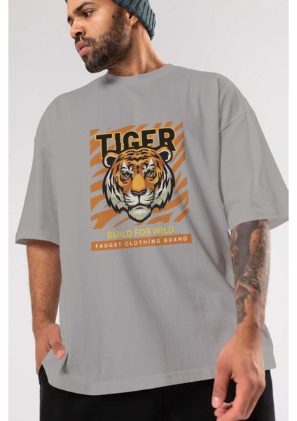 Tiger Ön Baskılı Gri Oversize T-Shirt Unisex Erkek Kadın Bisiklet Yaka modelleri