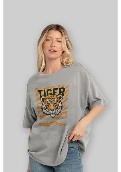 Tiger Ön Baskılı Gri Oversize T-Shirt Unisex Erkek Kadın Bisiklet Yaka fırsatları