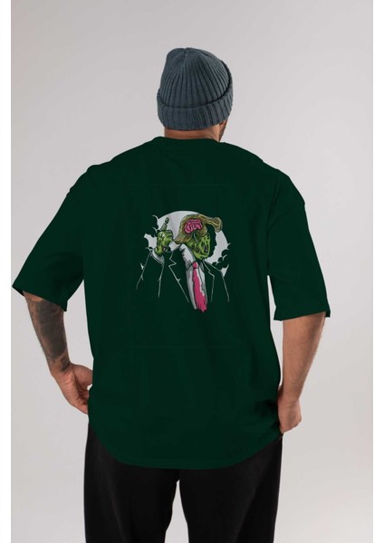 Make Zombie Arka Baskılı Zümrüt Yeşili Oversize T-Shirt Unisex Erkek Kadın Bisiklet Yaka
