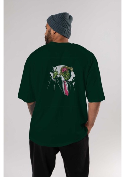 Make Zombie Arka Baskılı Zümrüt Yeşili Oversize T-Shirt Unisex Erkek Kadın Bisiklet Yaka indirimleri