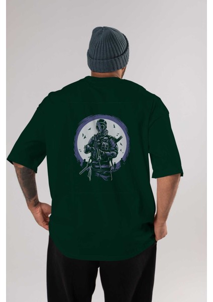 Gas Mask Soldier Arka Baskılı Zümrüt Yeşili Oversize T-Shirt Unisex Erkek Kadın Bisiklet Yaka