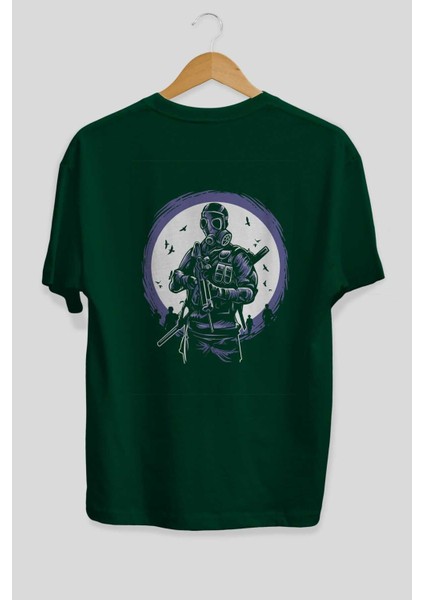 Gas Mask Soldier Arka Baskılı Zümrüt Yeşili Oversize T-Shirt Unisex Erkek Kadın Bisiklet Yaka fiyatları