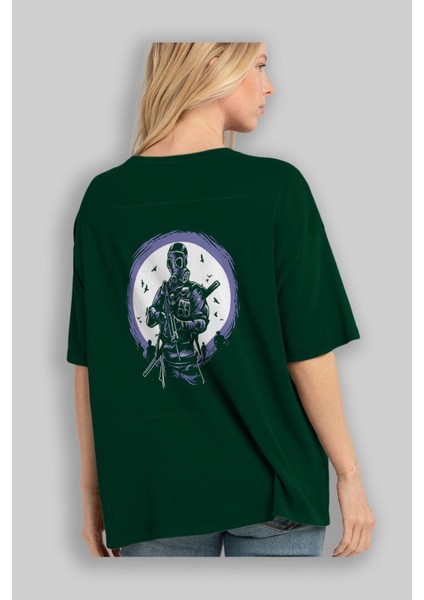 Gas Mask Soldier Arka Baskılı Zümrüt Yeşili Oversize T-Shirt Unisex Erkek Kadın Bisiklet Yaka fırsatları