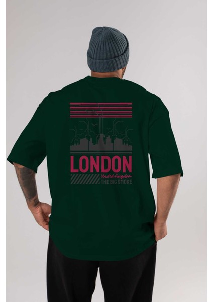 London Arka Baskılı Zümrüt Yeşili Oversize T-Shirt Unisex Erkek Kadın Bisiklet Yaka