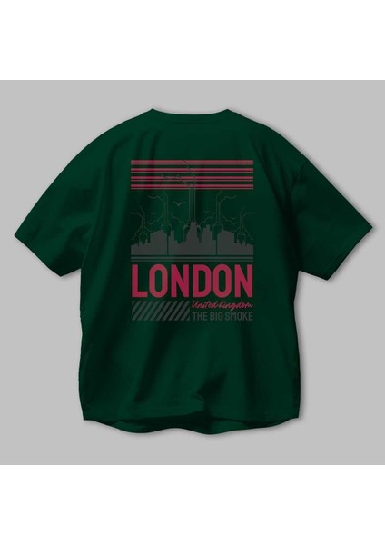 London Arka Baskılı Zümrüt Yeşili Oversize T-Shirt Unisex Erkek Kadın Bisiklet Yaka modelleri