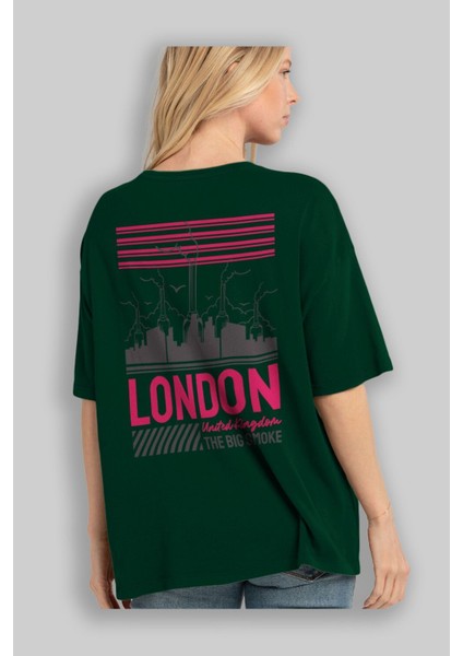 London Arka Baskılı Zümrüt Yeşili Oversize T-Shirt Unisex Erkek Kadın Bisiklet Yaka fırsatları