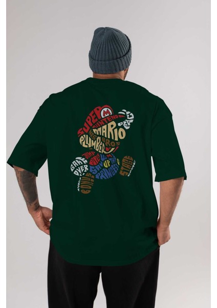 Mario Bros Arka Baskılı Zümrüt Yeşili Oversize T-Shirt Unisex Erkek Kadın Bisiklet Yaka