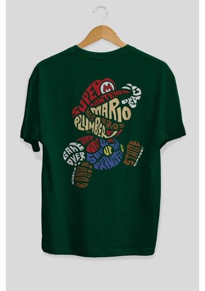 Mario Bros Arka Baskılı Zümrüt Yeşili Oversize T-Shirt Unisex Erkek Kadın Bisiklet Yaka fiyatları