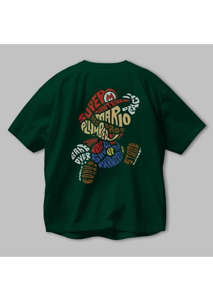 Mario Bros Arka Baskılı Zümrüt Yeşili Oversize T-Shirt Unisex Erkek Kadın Bisiklet Yaka modelleri