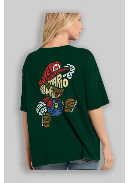 Mario Bros Arka Baskılı Zümrüt Yeşili Oversize T-Shirt Unisex Erkek Kadın Bisiklet Yaka fırsatları