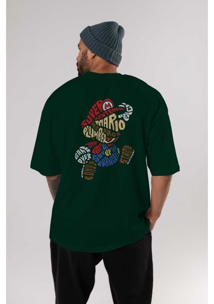 Mario Bros Arka Baskılı Zümrüt Yeşili Oversize T-Shirt Unisex Erkek Kadın Bisiklet Yaka indirimleri