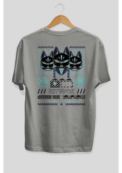 Kitsune Japanese Mask Arka Baskılı Gri Oversize T-Shirt Unisex Erkek Kadın Bisiklet Yaka fiyatları