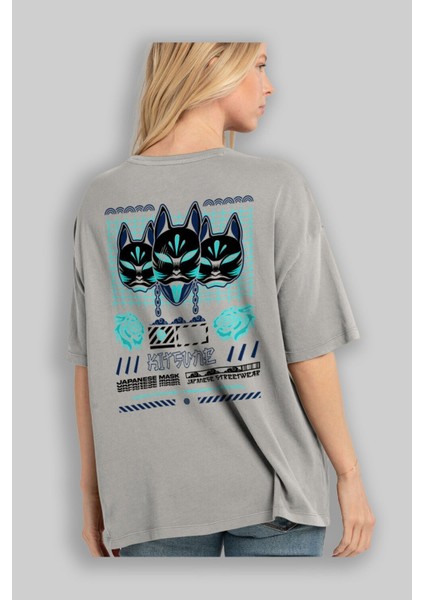 Kitsune Japanese Mask Arka Baskılı Gri Oversize T-Shirt Unisex Erkek Kadın Bisiklet Yaka modelleri