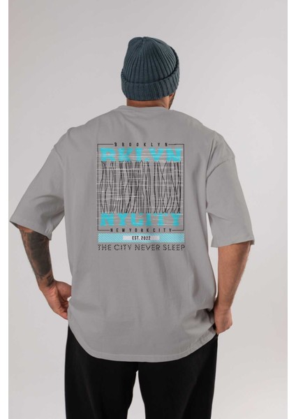 Brooklyn New York City Arka Baskılı Gri Oversize T-Shirt Unisex Erkek Kadın Bisiklet Yaka